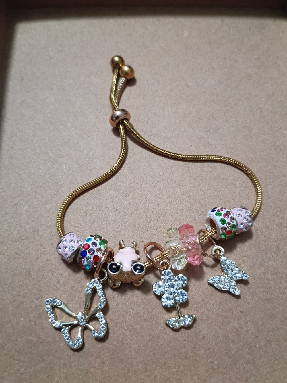 Gold-Tone Ladies Charm Bracelet with Pink and Multi-Color Beads